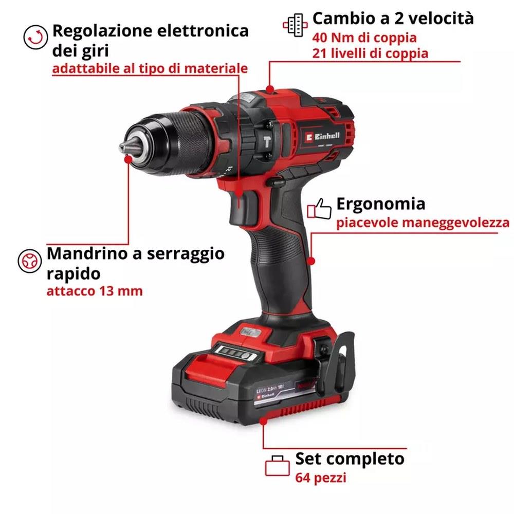 einhell - trapano avvitatore 18v te-cd 18/40 li kit